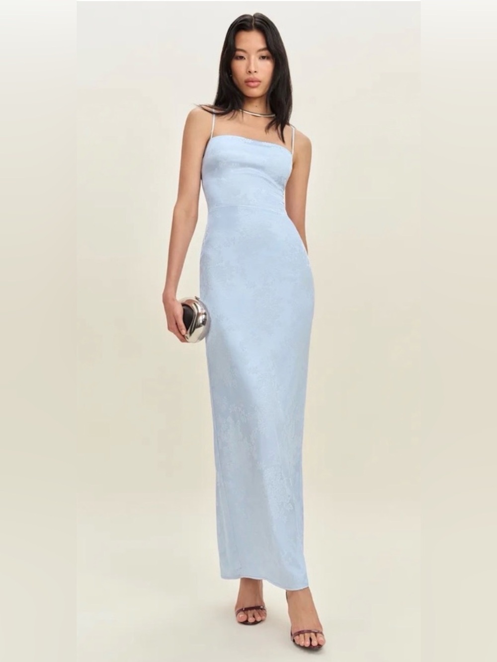 Nwt $298 Reformation Frankie Satin Maxi Slip Dress Ice Blue Floral Print Size 12